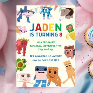Op de afbeelding: Een kleurrijke verjaardagsuitnodiging met de tekst "Jaden wordt 8". De uitnodiging toont gepixelde dierenillustraties en feestdetails, inclusief datum, tijd en RSVP-informatie.