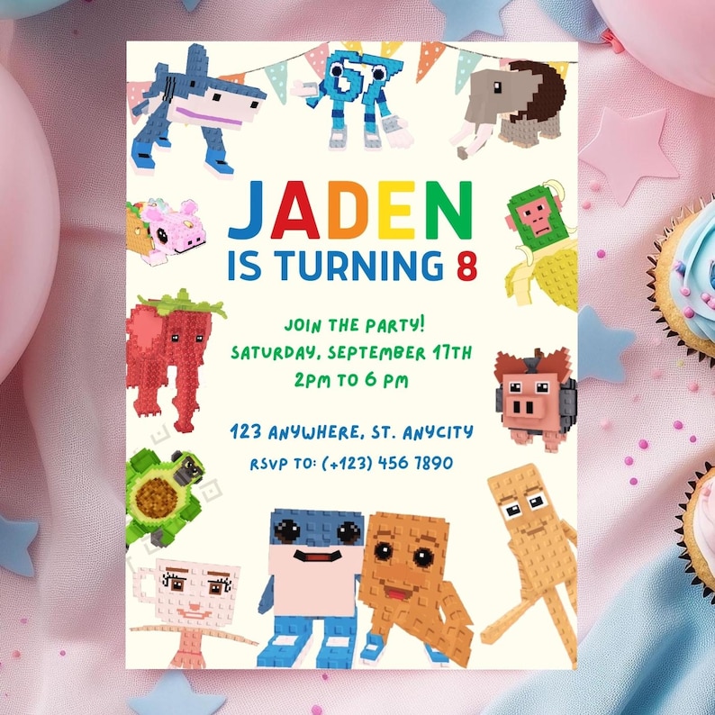 Op de afbeelding: Een kleurrijke verjaardagsuitnodiging met de tekst "Jaden wordt 8". De uitnodiging toont gepixelde dierenillustraties en feestdetails, inclusief datum, tijd en RSVP-informatie.