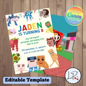 Op de afbeelding: Een verjaardagsuitnodiging met gepixelde cartoonfiguren en de tekst "Jaden wordt 8". De uitnodiging bevat feestdetails: datum, tijd en RSVP-informatie. Het ontwerp bevat een kleurrijk palet met een speelse esthetiek.