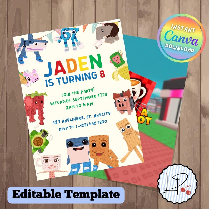 Op de afbeelding: Een verjaardagsuitnodiging met gepixelde cartoonfiguren en de tekst "Jaden wordt 8". De uitnodiging bevat feestdetails: datum, tijd en RSVP-informatie. Het ontwerp bevat een kleurrijk palet met een speelse esthetiek.