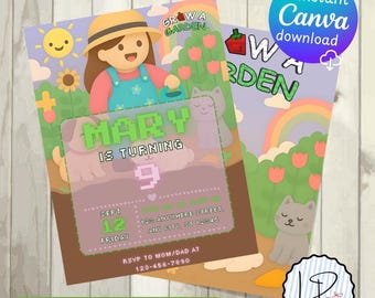 Bewerkbare Roblox Grow a Garden Girl verjaardagsuitnodiging, boerderijcanva-sjabloon, digitale download, Grow a Garden geïnspireerde Evite, tuinverjaardag