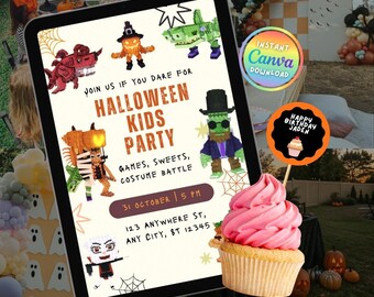 Editable Roblox Steal a Brainrot Halloween Bday Party Invite with Video, Italian Brainrot Kid Game Printable Canva Template, Cupcake Toppers