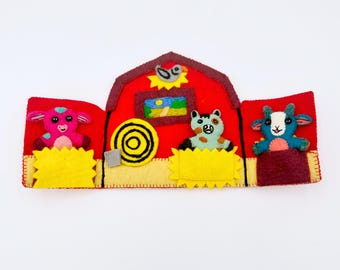 Wool Felt Farm Animal Finger Puppets with Barn: Handmade Kids Travel Toy
