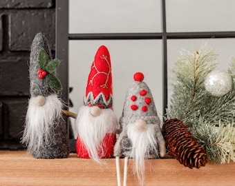 Gnome Friends Ornament Set, Felted Wool Christmas Tree Decor, Primitive Farmhouse Christmas