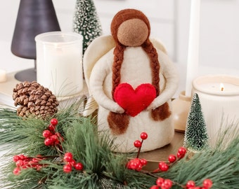 Angel Tree Topper and Christmas Decor with Heart: Handmade Felted Wool - White