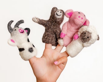Set of 4 Farm Animal Finger Puppets | Pretend Play Montessori and Waldorf Toys| Piggy, Donkey, Sheep and Cow Needle Felted Finger Puppets