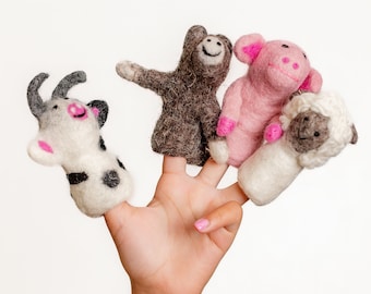 Fantoches de dedo de animais de fazenda em feltro agulhado: brinquedos Waldorf Montessori