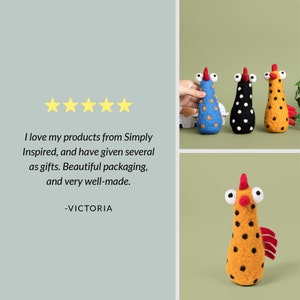 May include: Five yellow stars and a customer review that reads "I love my products from Simply Inspired, and have given several as gifts. Beautiful packaging, and very well-made. -VICTORIA"  Three felt toy chickens in different colors with black polka dots. The chickens are standing on a green surface.