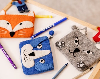 Handmade Wool Coin Purse Set: Fox, Cat, Dog Trio