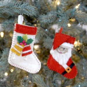 Santa + Holly Stocking Ornament Set | Felted Wool Christmas Tree Ornament | Primitive Christmas Farmhouse Ornament