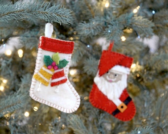 Santa + Holly Stocking Ornament Set | Felted Wool Christmas Tree Ornament | Primitive Christmas Farmhouse Ornament