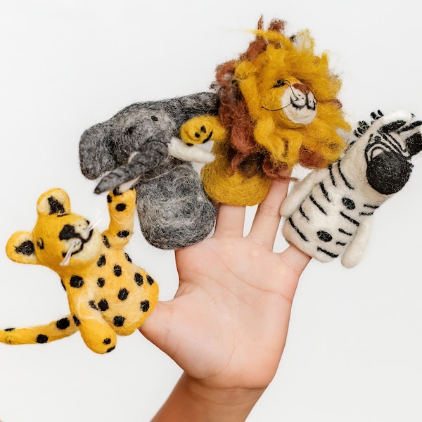 Set of 4 Safari Animal Finger Puppets | Pretend Play Montessori and Waldorf Toy | Elephant, Zebra, Lion, + Tiger Needle Felted Finger Puppet