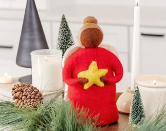 Angel Tree Topper and Christmas Decor with Star: Handmade Felted Wool - Red