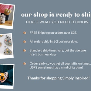 May include: A shop announcement with a photo of a crocheted bee-themed pouch. The text reads "our shop is ready to ship! HERE'S WHAT YOU NEED TO KNOW... FREE Shipping on orders over $35. All orders ship in 1-2 business days. Standard ship times vary, but the average is 2-5 business days. Order early so you get all your gifts on time... USPS sometimes has a mind of its own! Thanks for shopping Simply Inspired!"