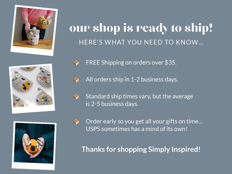 May include: A shop announcement with a photo of a crocheted bee-themed pouch. The text reads "our shop is ready to ship! HERE'S WHAT YOU NEED TO KNOW... FREE Shipping on orders over $35. All orders ship in 1-2 business days. Standard ship times vary, but the average is 2-5 business days. Order early so you get all your gifts on time... USPS sometimes has a mind of its own! Thanks for shopping Simply Inspired!"