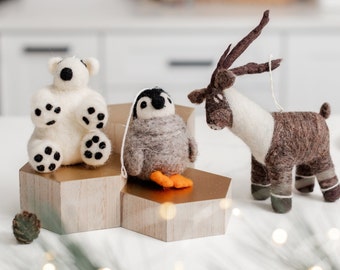 Handcrafted Wool Animal Ornaments: Penguin, Reindeer & Polar Bear