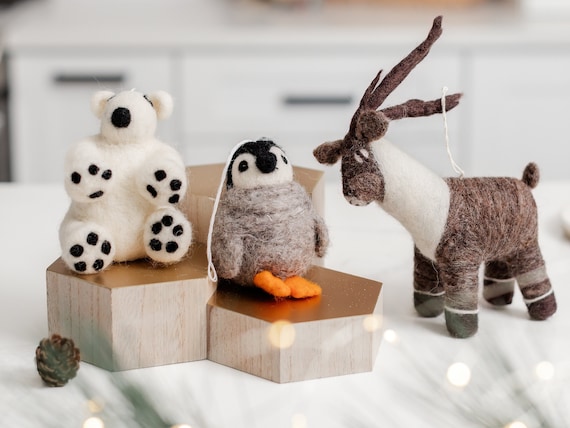 Penguin Reindeer and Polar Bear Ornaments Wool Christmas Tree