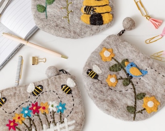 Bee Purse Makeup Pouch or Coin Pouch Trio | Beehive, Floral, + Bluebird Bee Themed Gift | Handmade Gift for Mom, Bee Lover, or Teacher Gift.