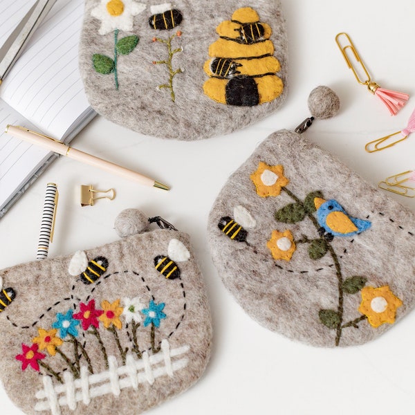 Felt Bee Pouch Trio: Handmade Wool Coin Purses, Floral & Beehive