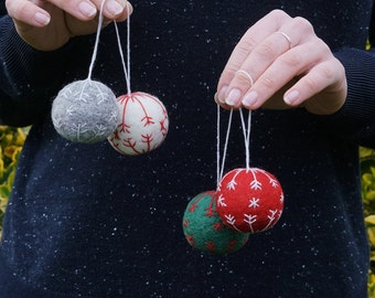 Needle Felted Wool Christmas Ball Ornament Set: Handmade Snowflake Decor