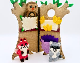 Felt Forest Friends Finger Puppets with Tree: Handmade Kids Travel Toy