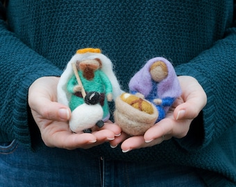 Felted Wool Mini Nativity Set: Handmade Holy Family Manger Scene