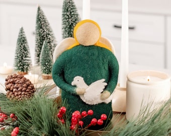 Angel Tree Topper and Christmas Decor with Dove: Handmade Felted Wool - Greem