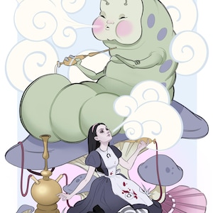 May include: An illustration featuring a green caterpillar and a woman, both smoking from a hookah. The caterpillar has purple spots and is exhaling smoke. The woman is in a black and white dress and striped stockings.
