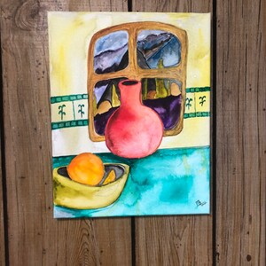 Original Fruit and Vase Still Life Watercolor on Canvas
