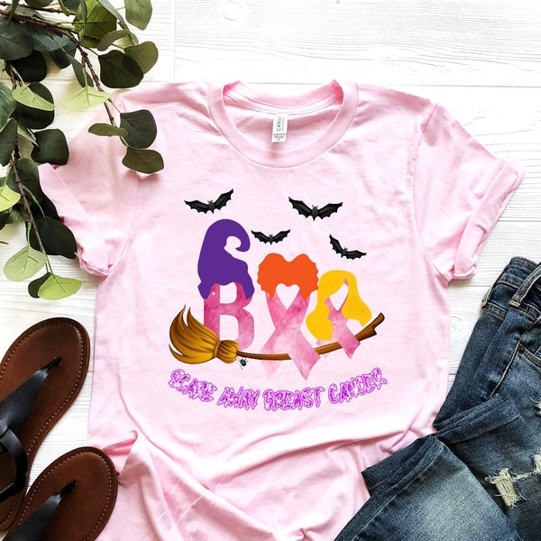 Boo Cancer Ribbon Shirt, Witch Broom Shirt, Breast Cancer Awareness Tee, We Wear Pink T-Shirt, Sanderson Sisters Tee, Halloween Cancer Tee