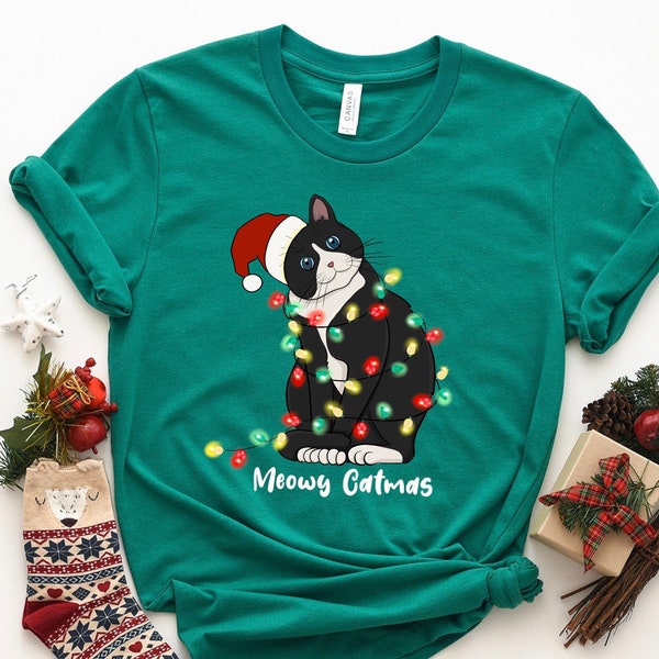 Christmas Cat Shirt, Meowy Catmas Shirt, Cat Mom Shirt, Christmas Lights  Tee, Cute Cat Shirt, Cat Lover Shirt, Xmas Animal Shirt