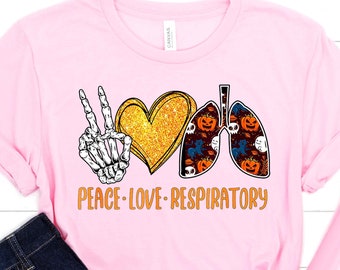 Peace Love Respiratory T-shirt - Respiratory Therapy Shirt - Halloween Ghost Apparel - Golden Heart Clothes - Halloween Pumpkin Outfit