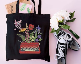 Typewriter Tote Bag, Vintage Typewriter Tote Bag, Floral Canvas Bag, Aesthetic Tote Bag, Writer Tote Bag, Shopping Tote Bag, Writing Bag