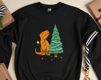 Funny Dinosaur Sweatshirt - Christmas Dino Hoodie - Xmas Vacation Sweatshirt - Christmas T-rex Hoodie - Christmas Tree Sweatshirt
