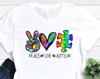 Autism Awareness Shirt, Peace Love Autism  Tee, We Wear Blue Shirt, Autism Puzzle T-Shirt, Autism Support Shirt, Autism Mom Gift