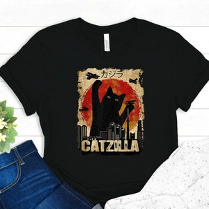 Catzilla Shirt Crazy Cat Lady Clothing Cat Mom Apparel Cat Owner Outfit Pet Lover Tee Cat Monster T-Shirt Retro Vintage Cat Gift image 1