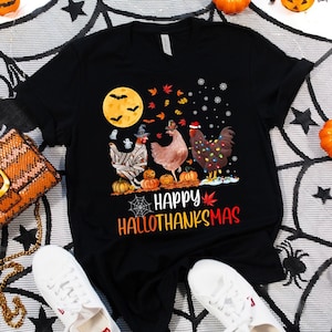 HalloThanksMas Shirt, Halloween Chicken, Thanksgiving Tee, Ugly Christmas Tee, Chicken Lover Gift, Funny Christmas Tee, Happy Halloween Tee bild 1