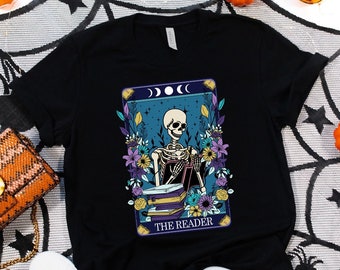 The Reader Tarot Card Shirt, Halloween Book Tee, Bookish Shirt, Witchy Stuff Mystical Literature Tee, Skeleton Librarian Shirt