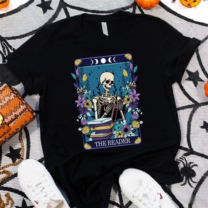 The Reader Tarot Card Shirt, Halloween Book Tee, Bookish Shirt, Witchy Stuff Mystical Literature Tee, Skeleton Librarian Shirt