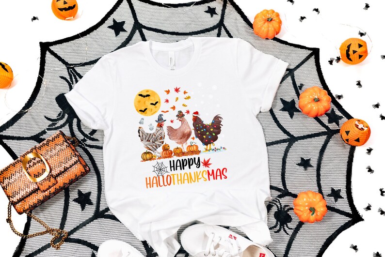 HalloThanksMas Shirt, Halloween Chicken, Thanksgiving Tee, Ugly Christmas Tee, Chicken Lover Gift, Funny Christmas Tee, Happy Halloween Tee bild 2