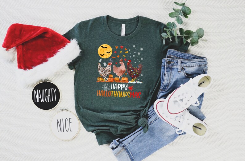 HalloThanksMas Shirt, Halloween Chicken, Thanksgiving Tee, Ugly Christmas Tee, Chicken Lover Gift, Funny Christmas Tee, Happy Halloween Tee bild 6