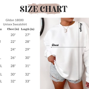 May include: Size chart for a Gildan 18000 unisex sweatshirt. The chart shows chest and length measurements in inches for sizes S through 4XL.