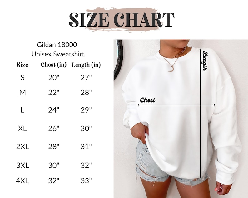 May include: Size chart for a Gildan 18000 unisex sweatshirt. The chart shows chest and length measurements in inches for sizes S through 4XL.