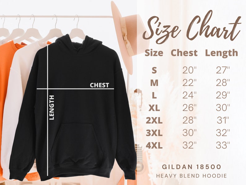 May include: Size chart for a black hooded sweatshirt with a pocket. The chart shows chest and length measurements in inches for sizes S through 4XL. The text "GILDAN 18500 HEAVY BLEND HOODIE" is at the bottom of the chart.