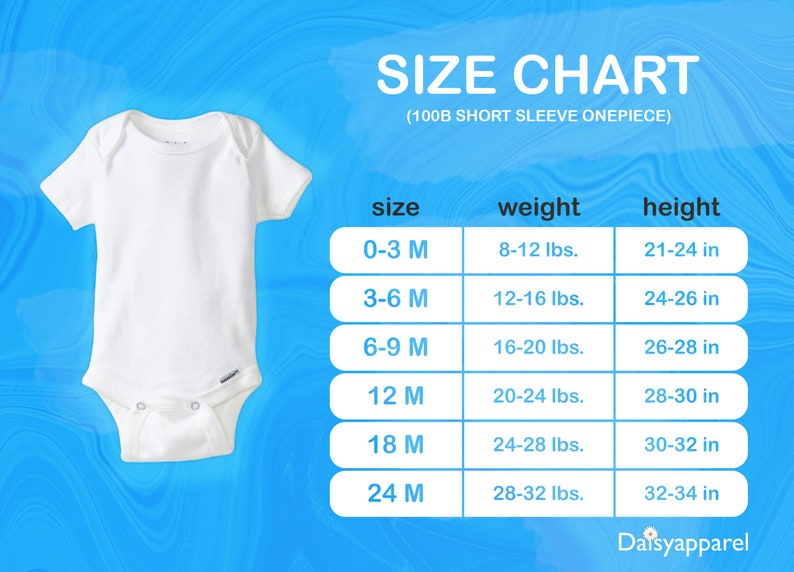 May include: Size chart for a short sleeve baby onesie. The chart shows sizes from 0-3 months to 24 months, with corresponding weight and height measurements in pounds and inches.