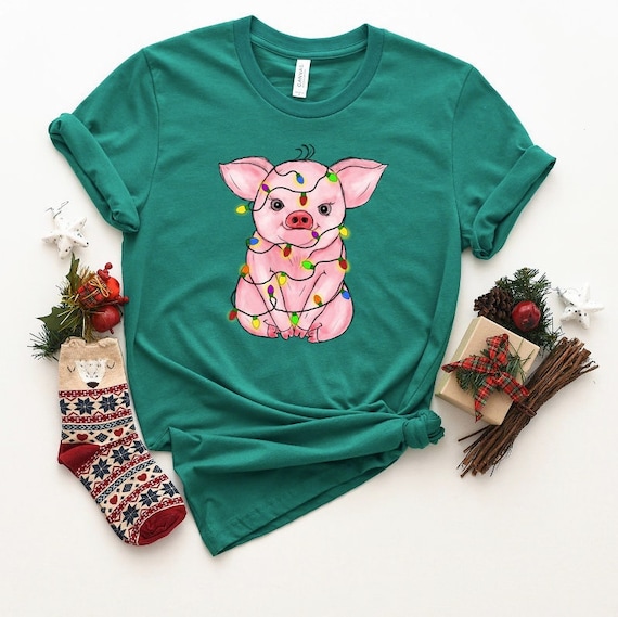 Christmas Pig Shirt, Farmer Christmas Tee, Pig Lover Shirt, Pig Mom Gift, Christmas Pajama Tee, Christmas Light Shirt, Christmas Animal Tee