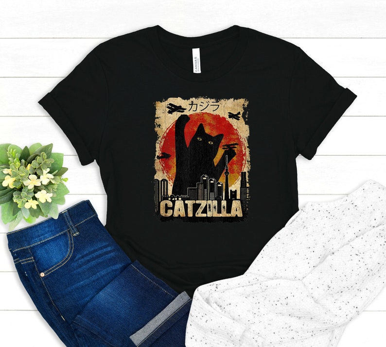 Catzilla Shirt Crazy Cat Lady Clothing Cat Mom Apparel Cat Owner Outfit Pet Lover Tee Cat Monster T-Shirt Retro Vintage Cat Gift image 1