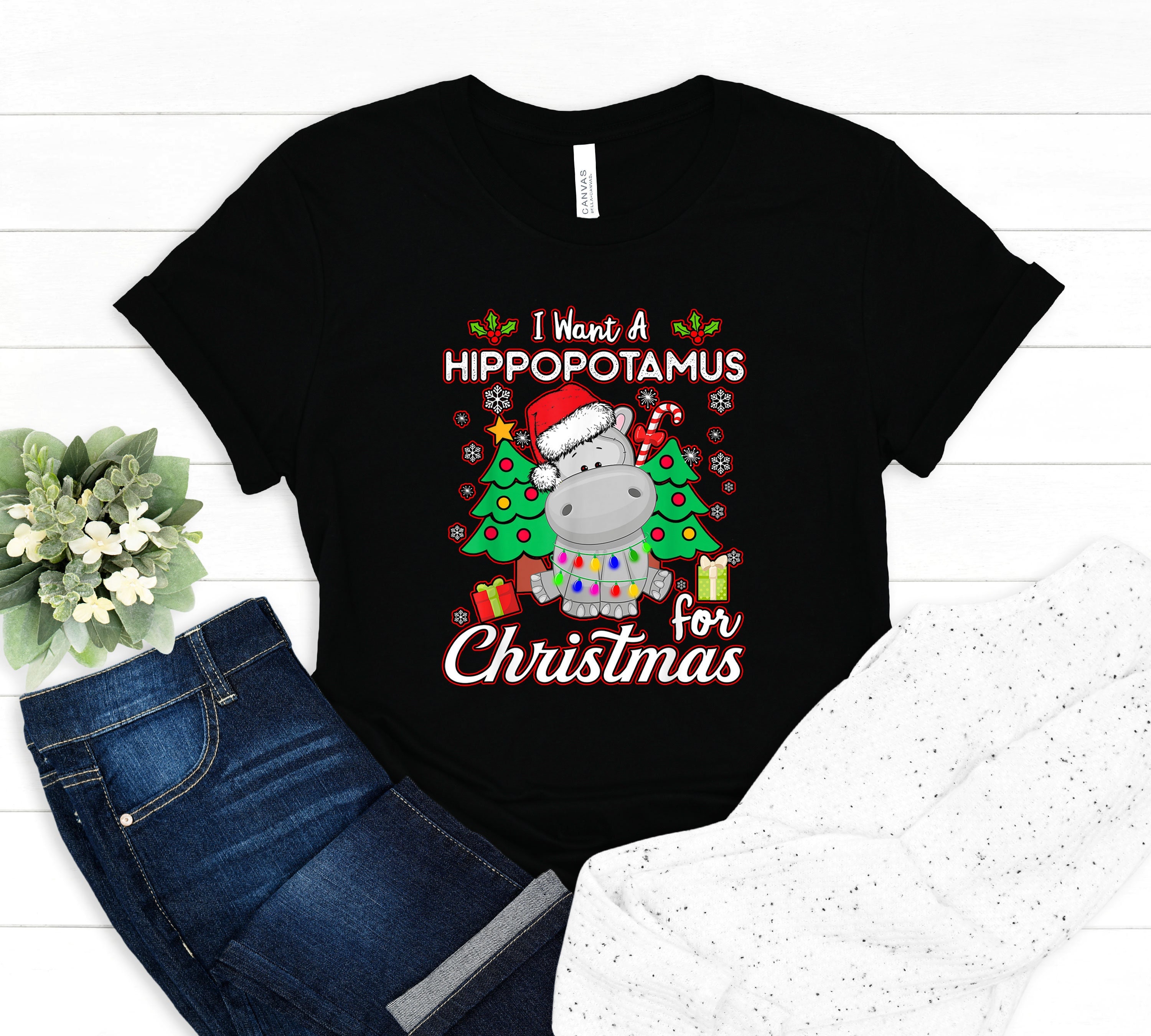 T-shirt Homme Gildan 5000 - Motif Hippopotame De Noël, 100% Coton, Coupe Regular