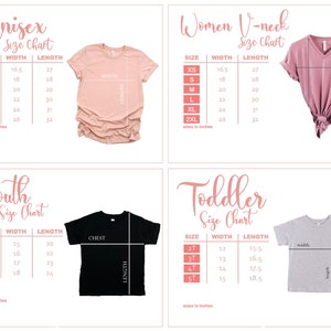 Pode incluir: Tabela de tamanhos para t-shirts unissex, decote em V para mulheres, jovens e crian&ccedil;as pequenas. A tabela mostra o tamanho, a largura e o comprimento em polegadas para cada tamanho. A tabela tamb&eacute;m inclui uma representa&ccedil;&atilde;o visual da camiseta com as medidas etiquetadas.