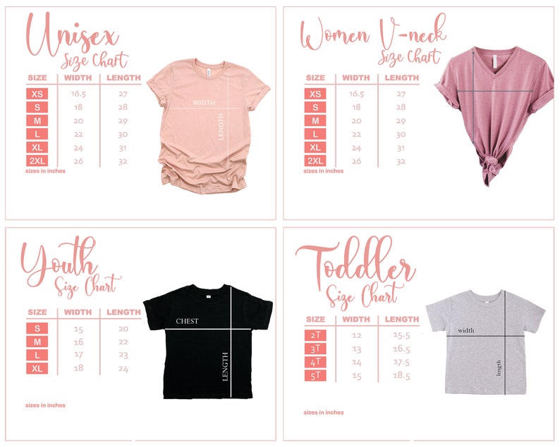 Pode incluir: Tabela de tamanhos para t-shirts unissex, decote em V para mulheres, jovens e crian&ccedil;as pequenas. A tabela mostra o tamanho, a largura e o comprimento em polegadas para cada tamanho. A tabela tamb&eacute;m inclui uma representa&ccedil;&atilde;o visual da camiseta com as medidas etiquetadas.